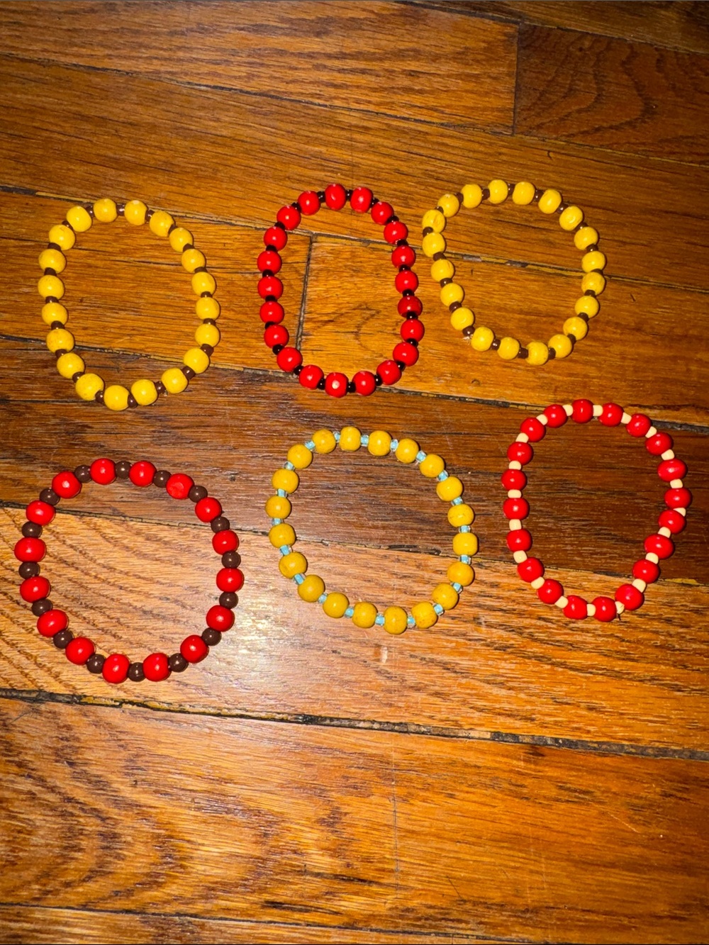 Handmade wooden Yellow and Red Beaded Stretch Bracelets - Set of 6